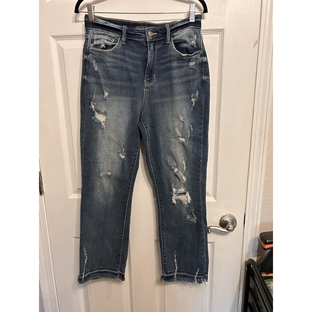 Judy Blue 7/28 Straight Fit Dark‎ Wash Distress Raw Hem Blue Jeans Denim